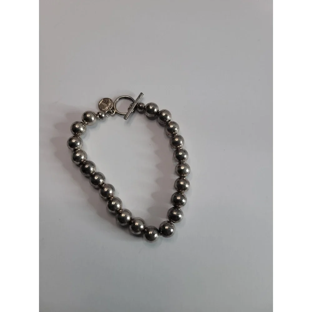 925 Sterling Silver Beaded Bracelet with Toggle Clasp and Round Charm